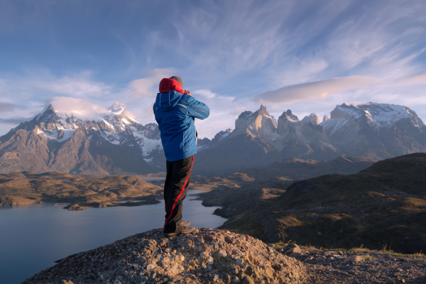 Torres del Paine landscape with a photographer in the foreground