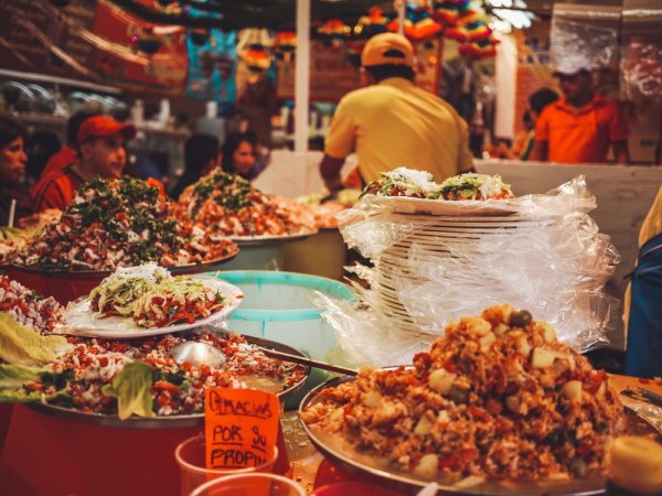 Mexico city market tacos tostadas food stall