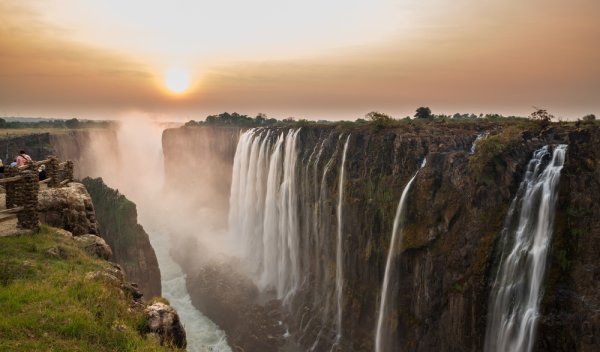 View of Victoria Falls from the Zambian side at sunset